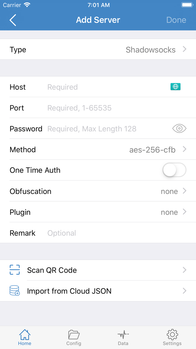 Shadowrocket Add Server 공식 스크린샷: Type, Host, Port, Password, Method와 Scan QR Code 및 Import from Cloud JSON