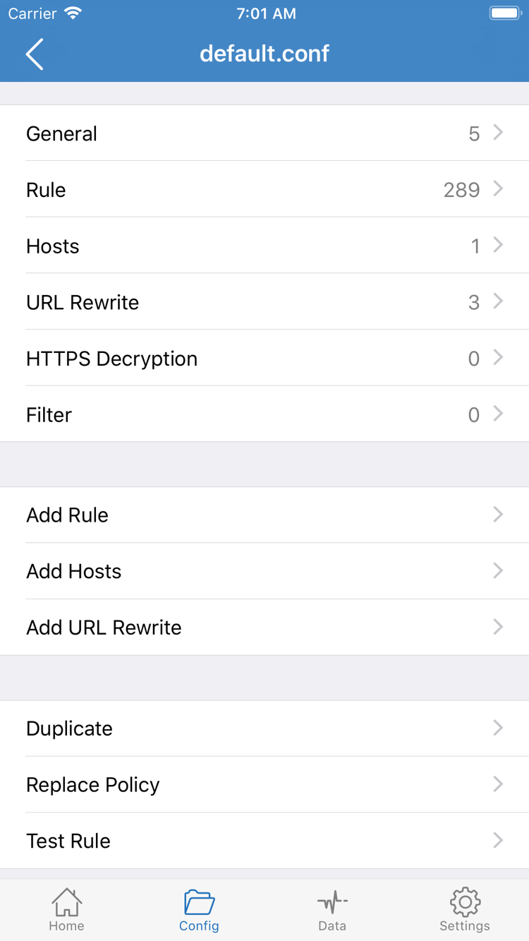 Shadowrocket Config 配置檔編輯官方介面，顯示 General、Rule、Hosts、URL Rewrite、HTTPS Decryption 與 Add Rule