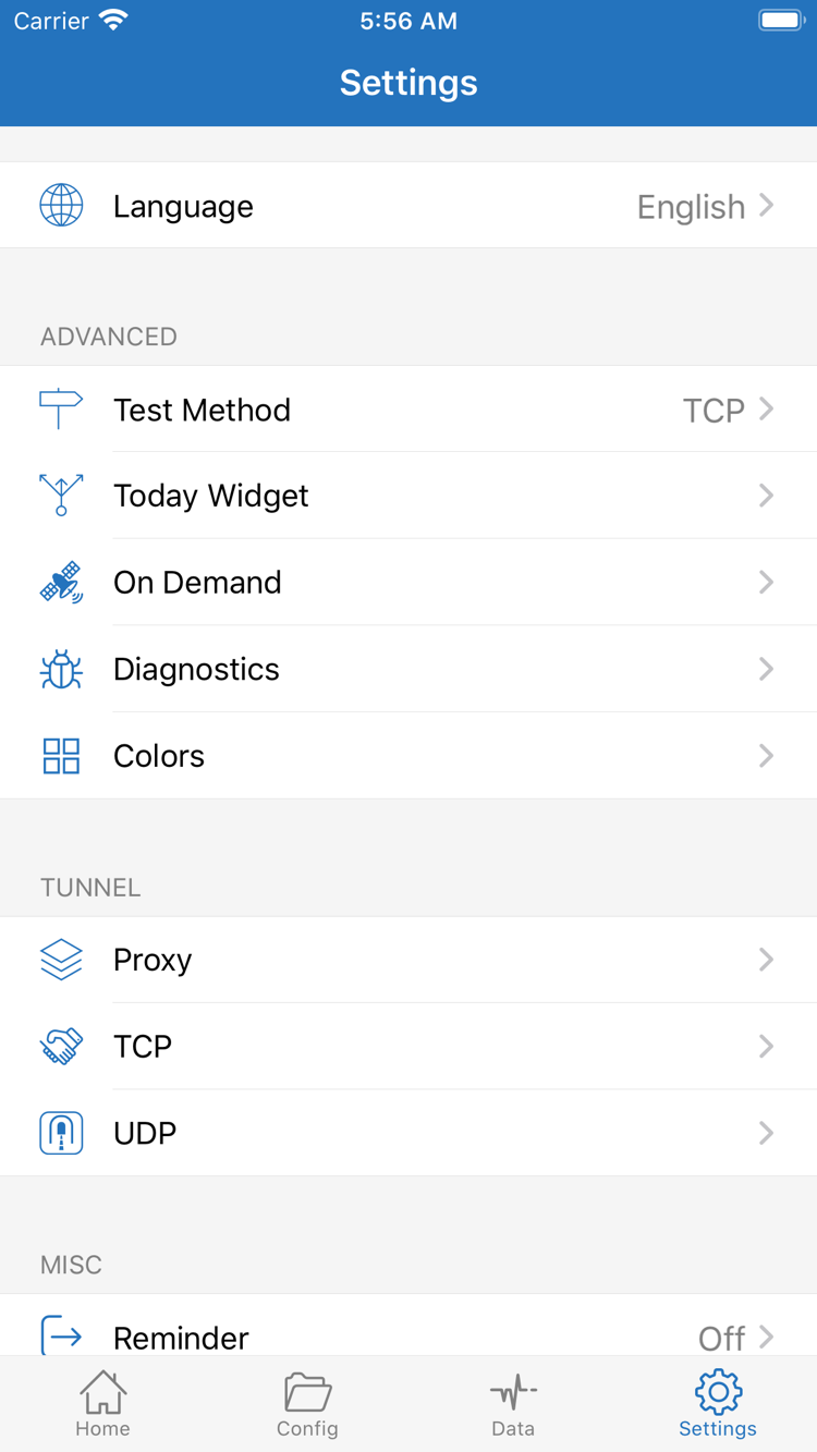 Shadowrocket Settings 官方介面，顯示 Language、Test Method、Today Widget、On Demand、Diagnostics、Proxy、TCP 與 UDP