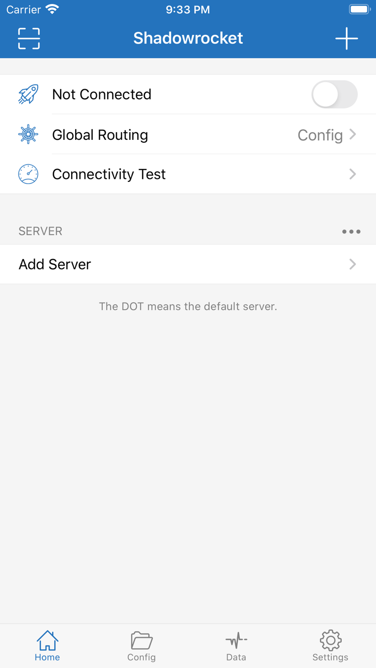 Shadowrocket Home 공식 스크린샷: Not Connected 스위치, Global Routing, Connectivity Test 및 SERVER 그룹